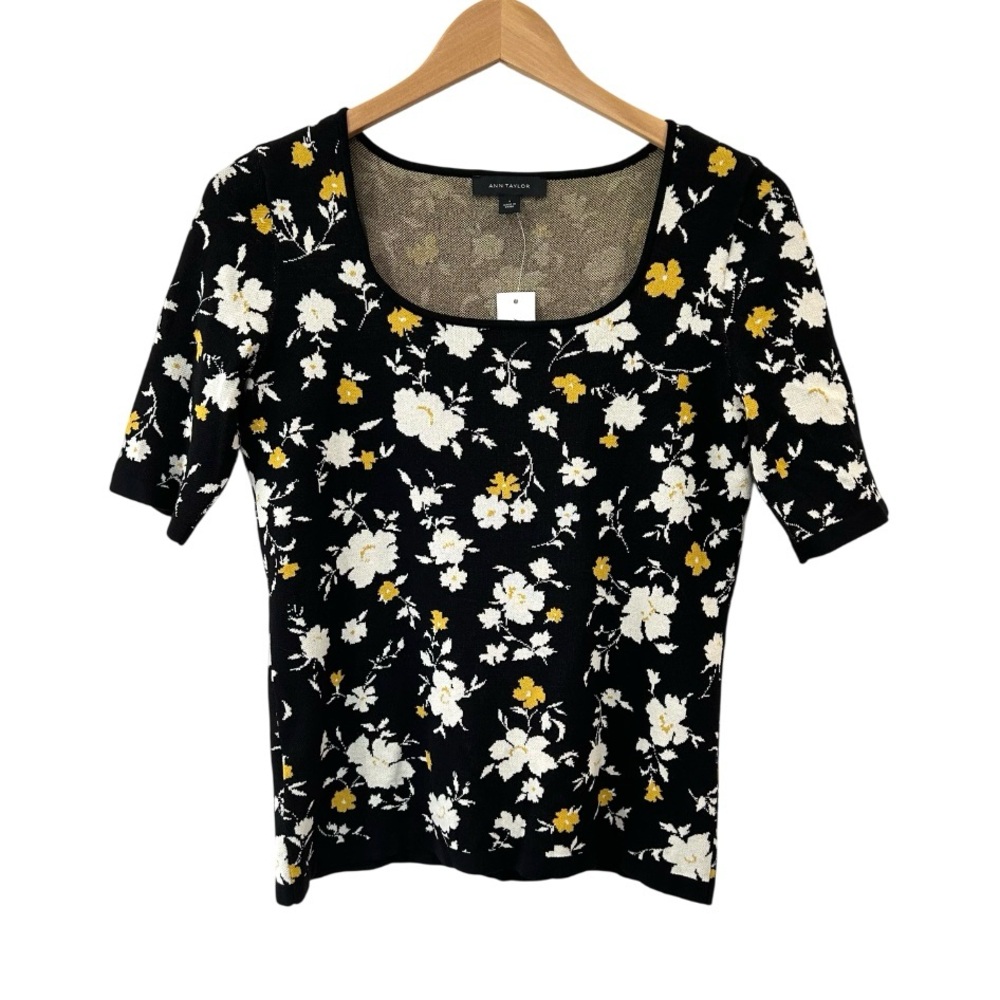 Ann Taylor Short Sleeve Floral Sweater top S black white yellow NWT